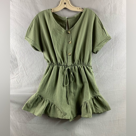 Khaki Drawstring Waist Ruffle Hem Romper - Picture 7 of 9